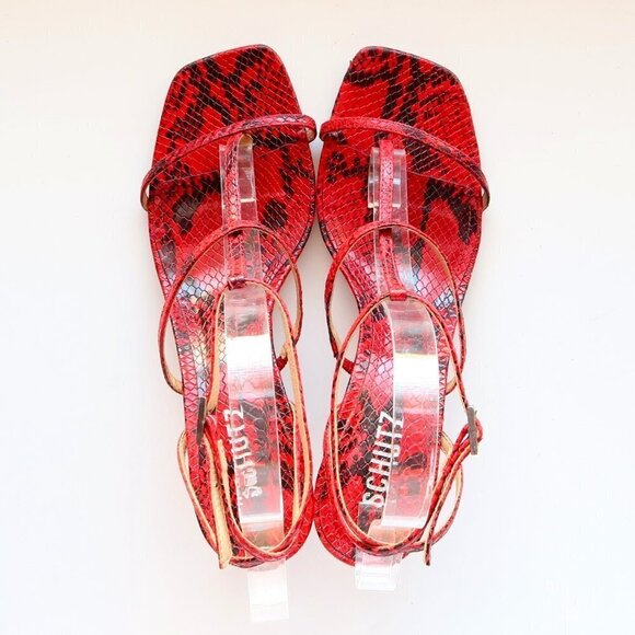 SCHUTZ Red Black Snakeskin Strappy Open Square Toe  Heeled Sandals Summer Shoes - Picture 5 of 16